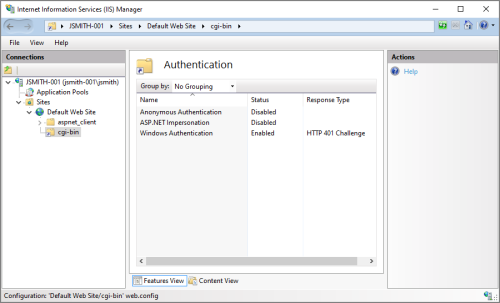 The Authentication options for IIS Manager.